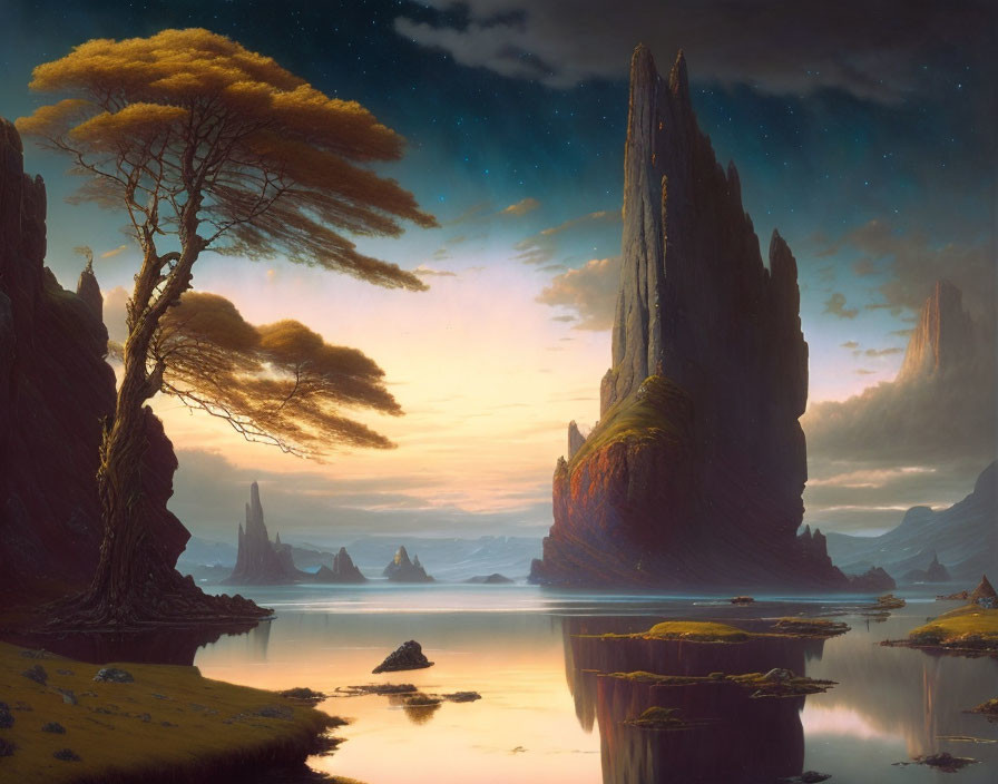 Tranquil dusk landscape with calm lake, rock formations, golden tree - serene scene