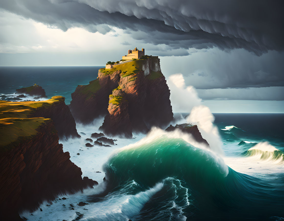 Castle on Cliff Amid Stormy Waves