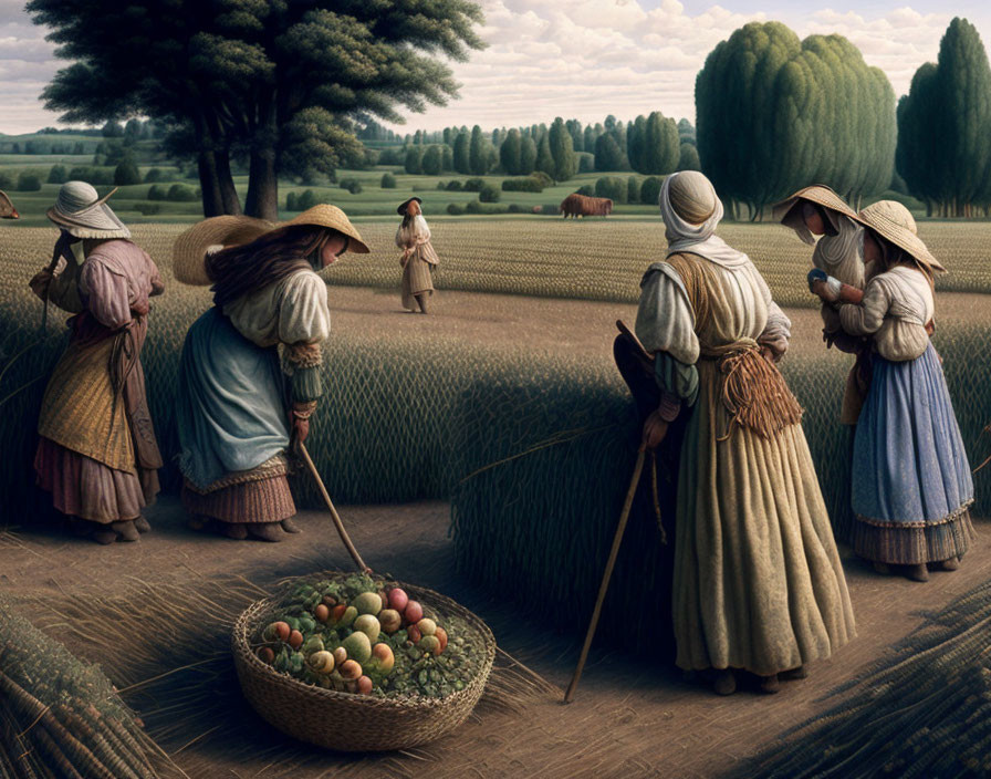 Women in traditional dresses harvesting crops in a lush field with fruit basket and trees.