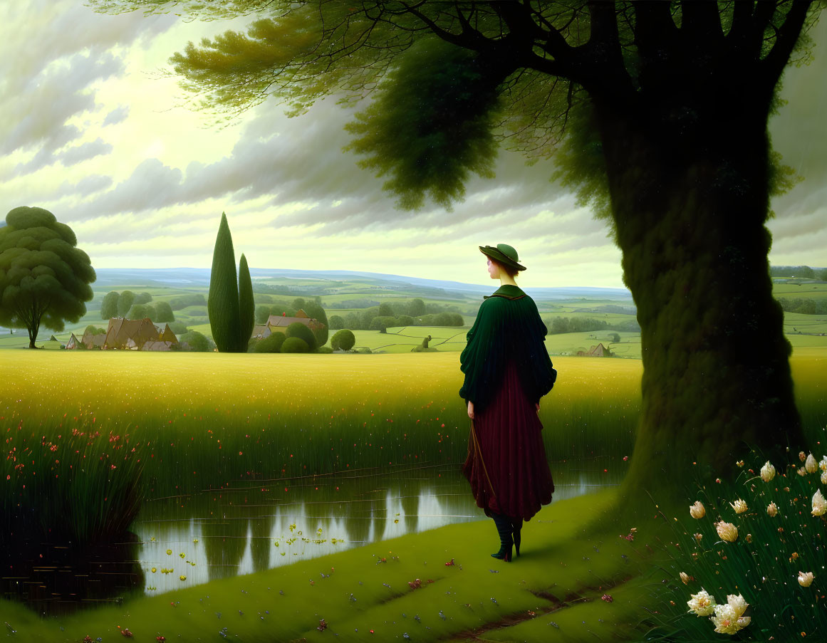 Historical figure in period clothing by serene landscape at twilight