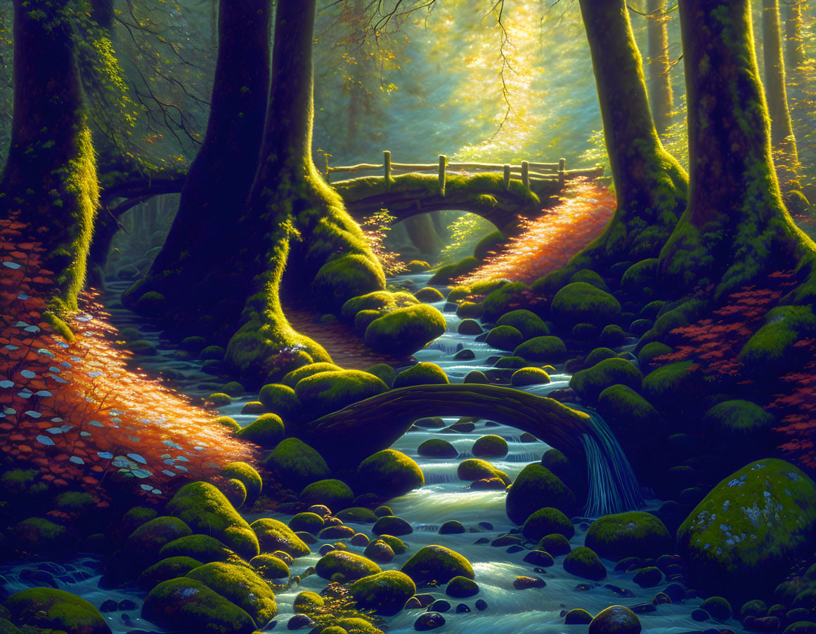 Enchanted forest scene with small bridge, moss-covered rocks, and golden sunlight.