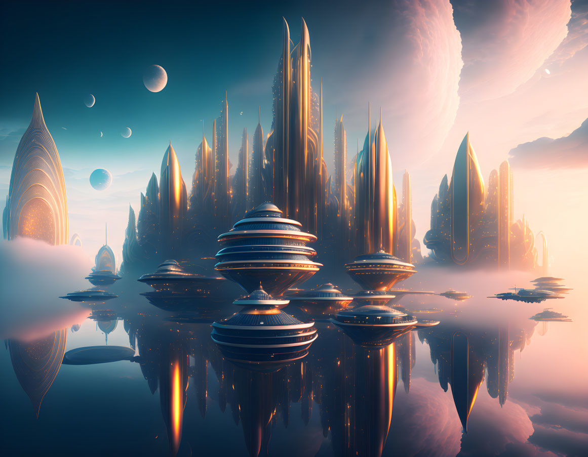 Futuristic cityscape with reflective buildings, multiple moons, and dreamy celestial glow.