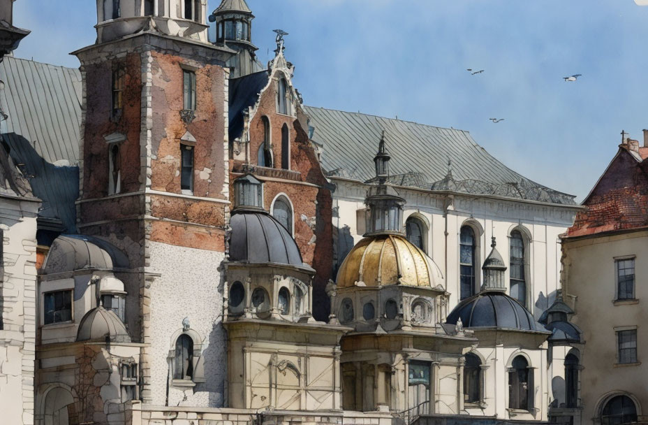 Ornate Historical European Architecture with Towers, Domes, and Multiple Rooflines