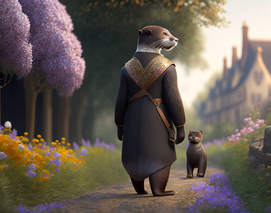 Anthropomorphic otter in vest with satchel walks village path with cat.