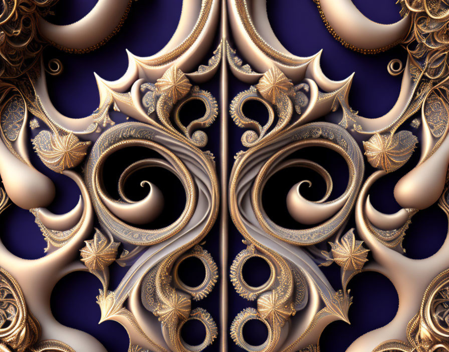 Intricate gold and cream fractal design on deep blue.