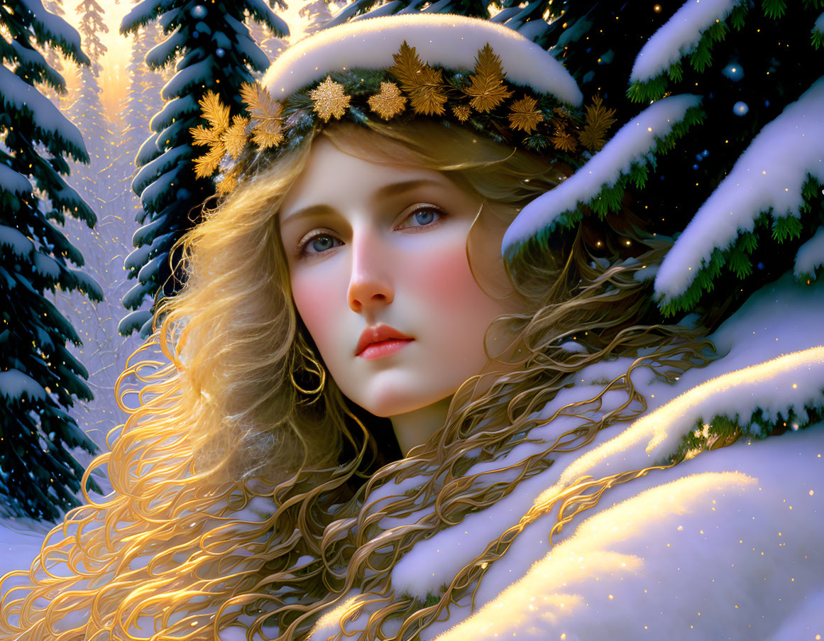 Digital artwork of woman with golden hair in winter cloak and crown among snow-covered trees