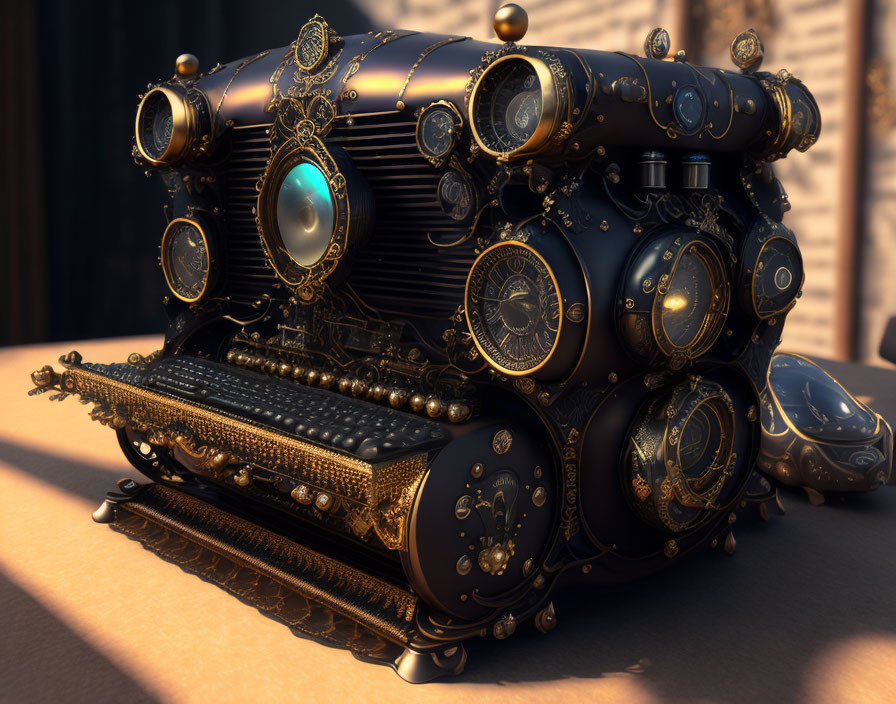 Intricate steampunk-style typewriter with metallic gears and glowing blue orb