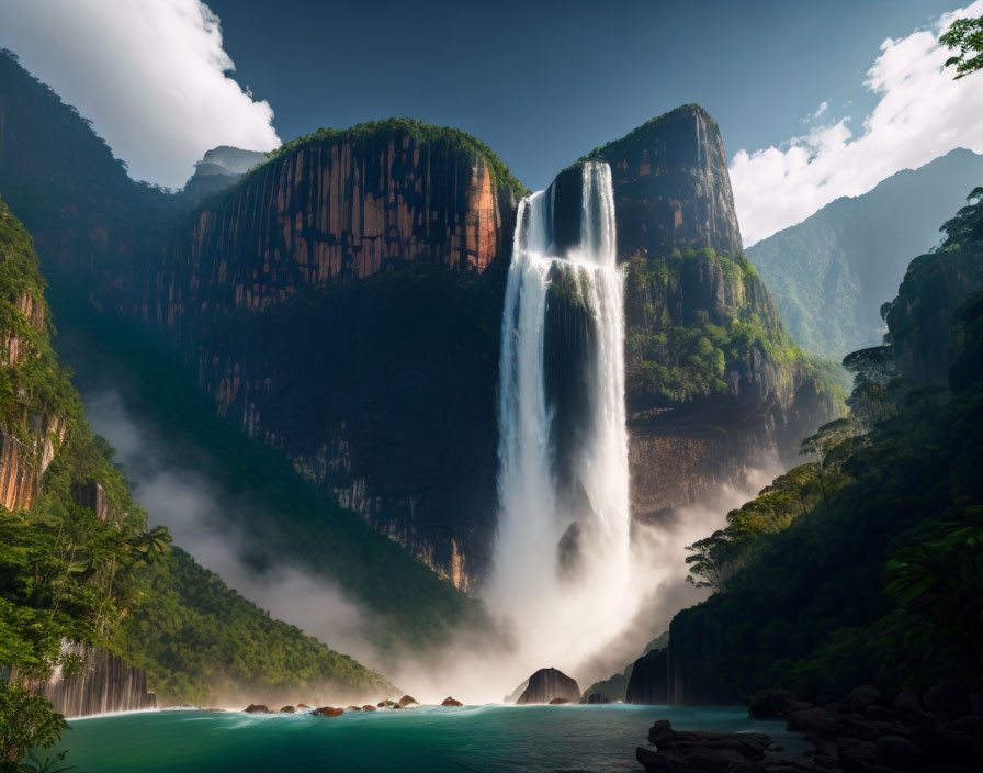 Scenic waterfall flowing into lush pool amid greenery