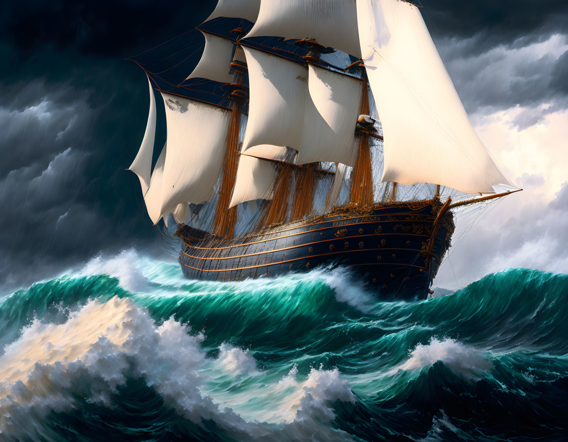 Sailing ship on stormy seas with billowing sails