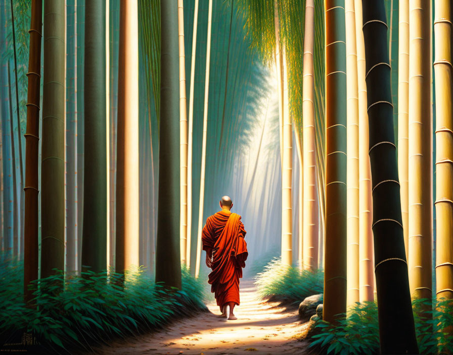 Person in orange robes walking in serene bamboo forest with sunbeams.