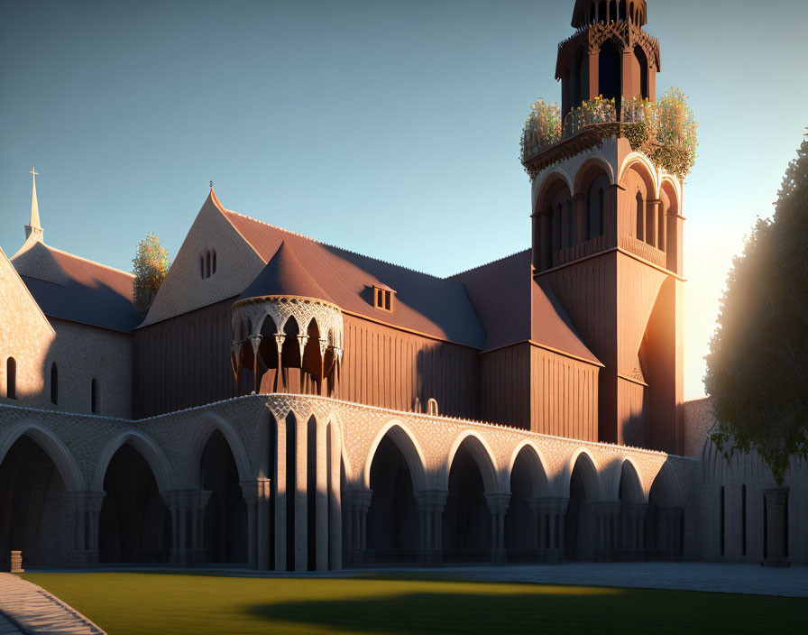 Digitally Rendered Medieval Abbey with Bell Tower and Cloisters in Low-angle Sunlight