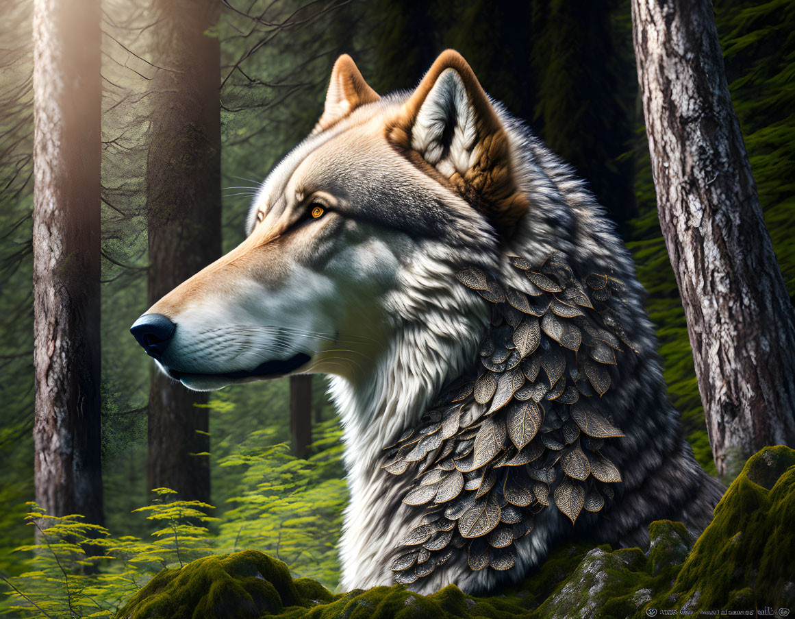 Majestic wolf with textured coat in sunlit forest.