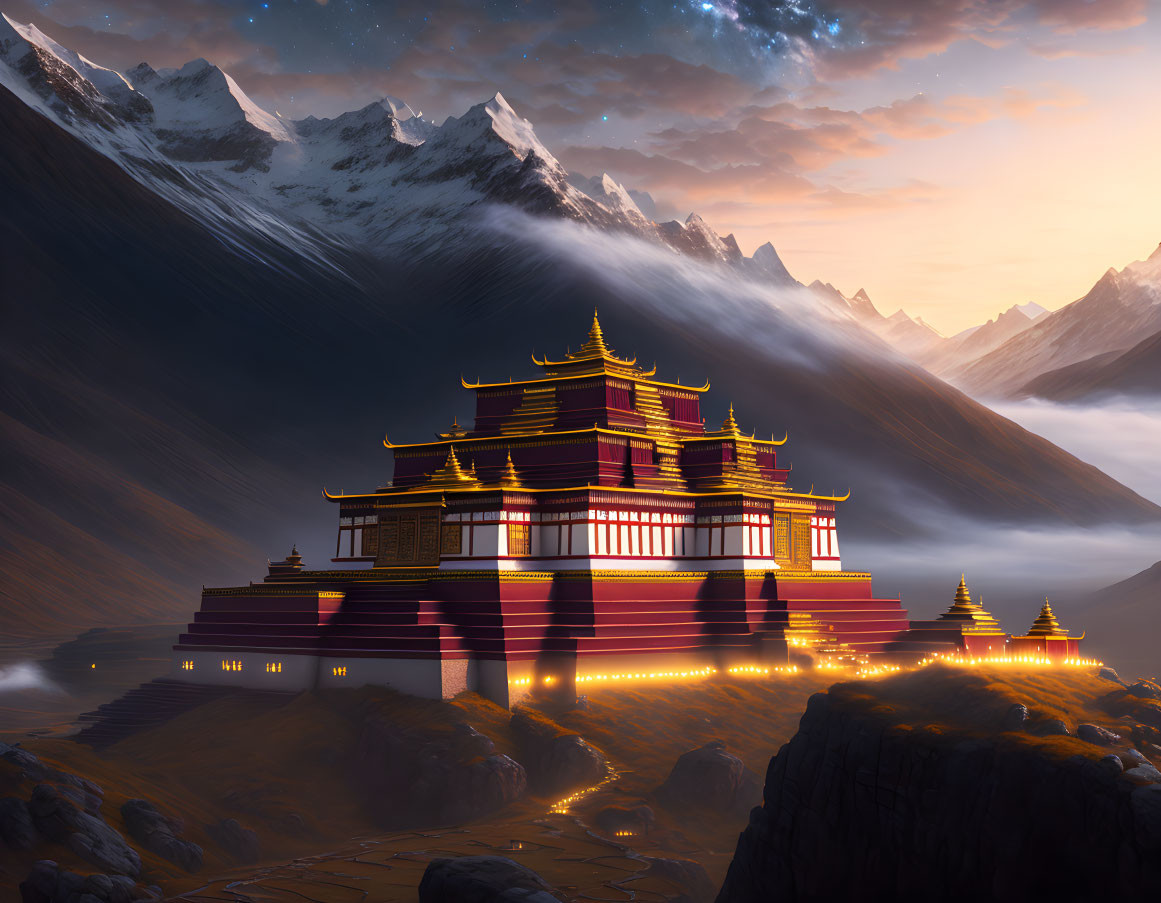 Tibetan Monastery at Dusk Among Mountains