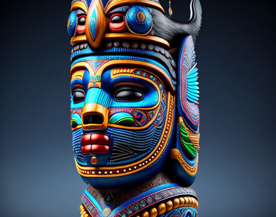 Colorful Tribal Mask with Detailed Patterns on Dark Background