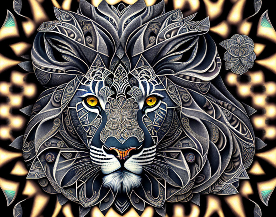 Detailed Lion Digital Art with Mandala Background in Blue, Gold, and Black