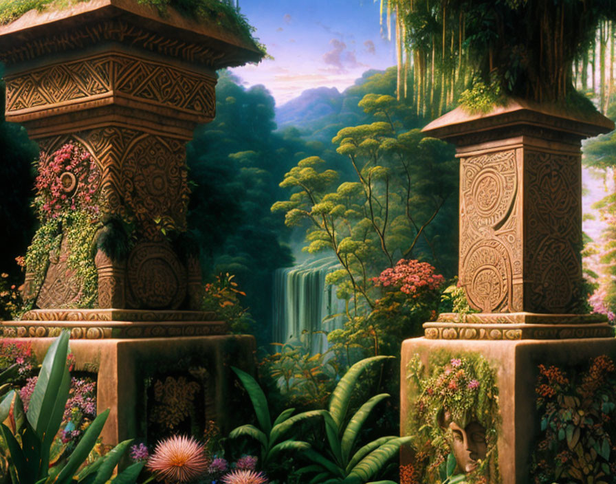 Vibrant jungle scene with stone columns and waterfall