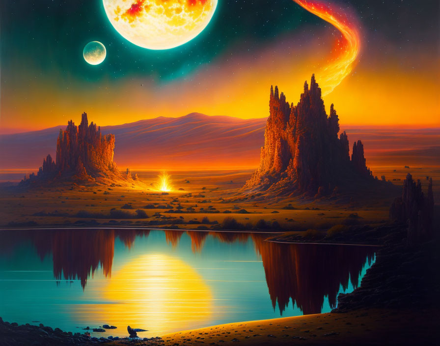 Sci-fi landscape with fiery comet, dual moons, and rock formations