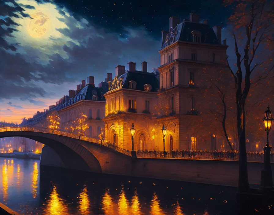 Historical building by river at night with street lamps, bridge, starry sky, full moon