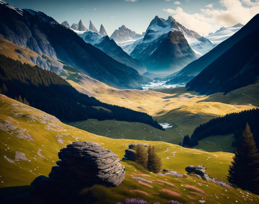 Scenic valley with mountains, rock formations, and pine trees under blue sky