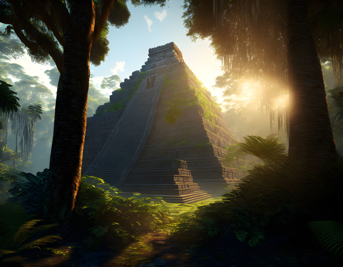 Ancient Pyramid with Stairs in Dense Jungle at Sunrise