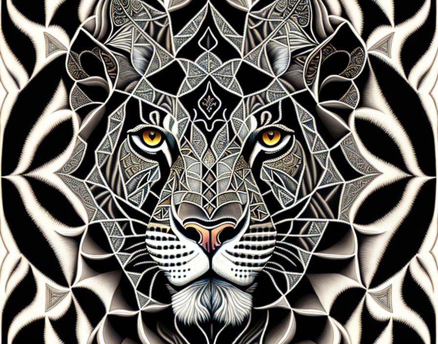 Detailed Black and White Leopard Face Illustration with Geometric and Mandala Patterns