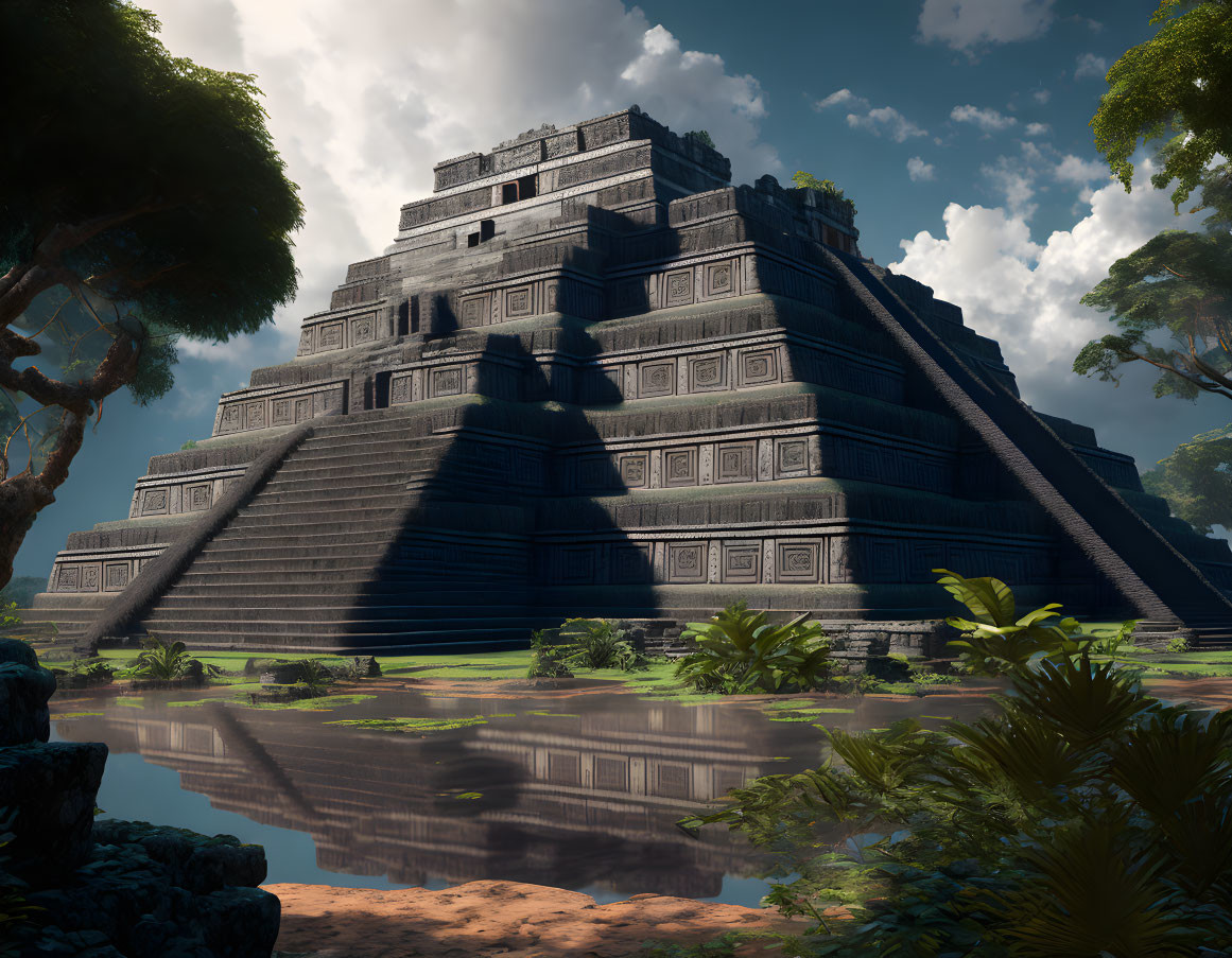 Ancient pyramid with intricate designs in tropical setting