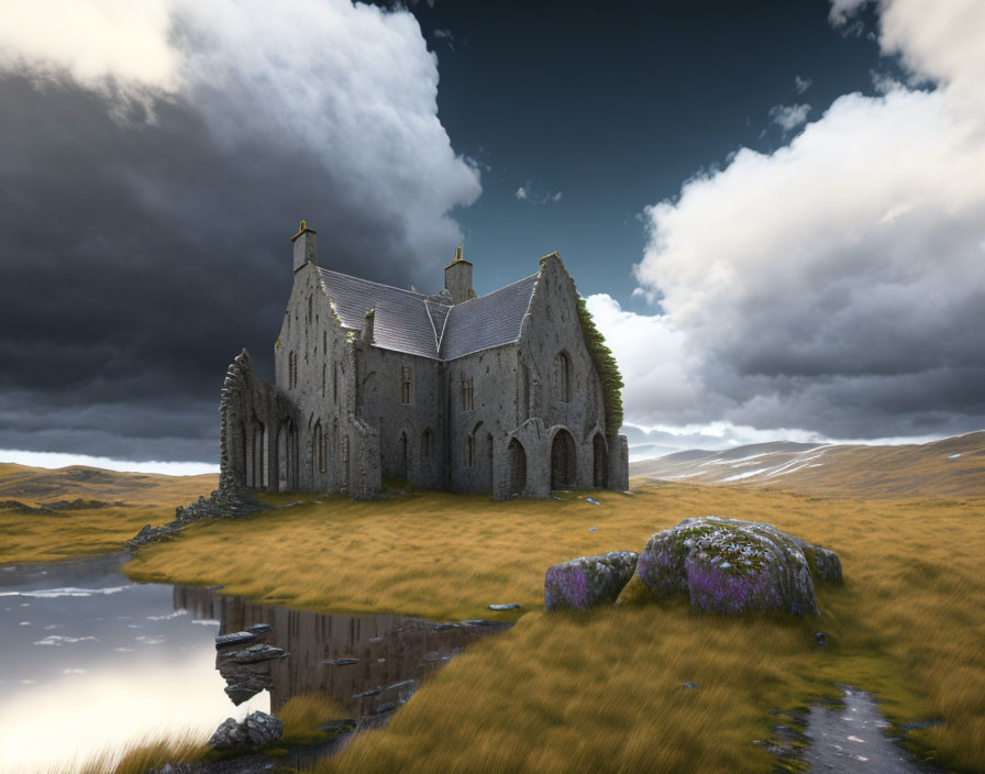 Stone church in dramatic landscape with stormy sky and tranquil pond