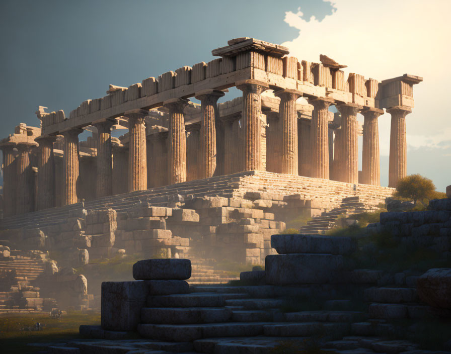 Ancient Parthenon columns illuminated by warm sunset light