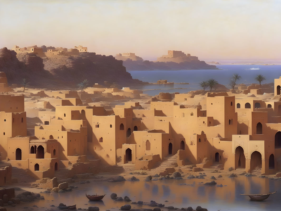 Desert city with mud brick buildings and fortress by the river