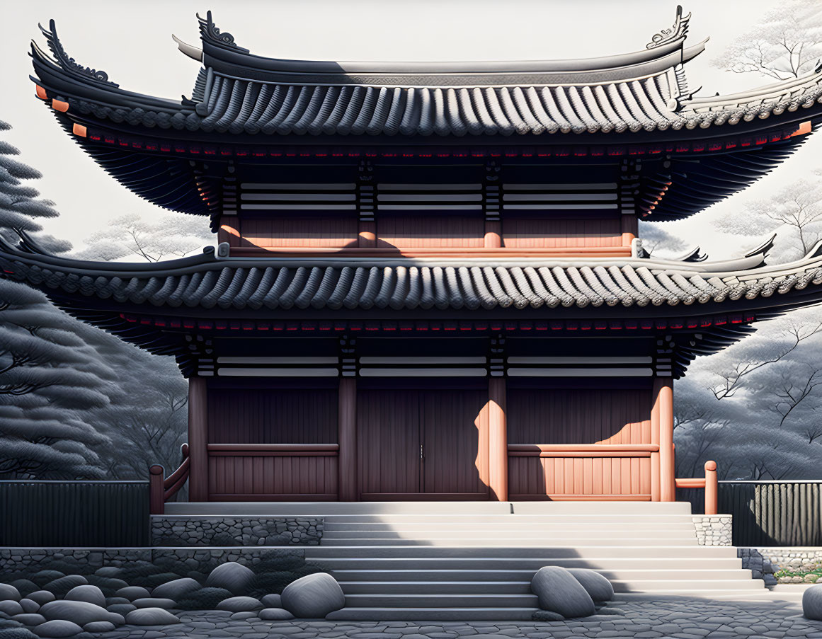 Multi-tiered curved roof in snowy East Asian setting