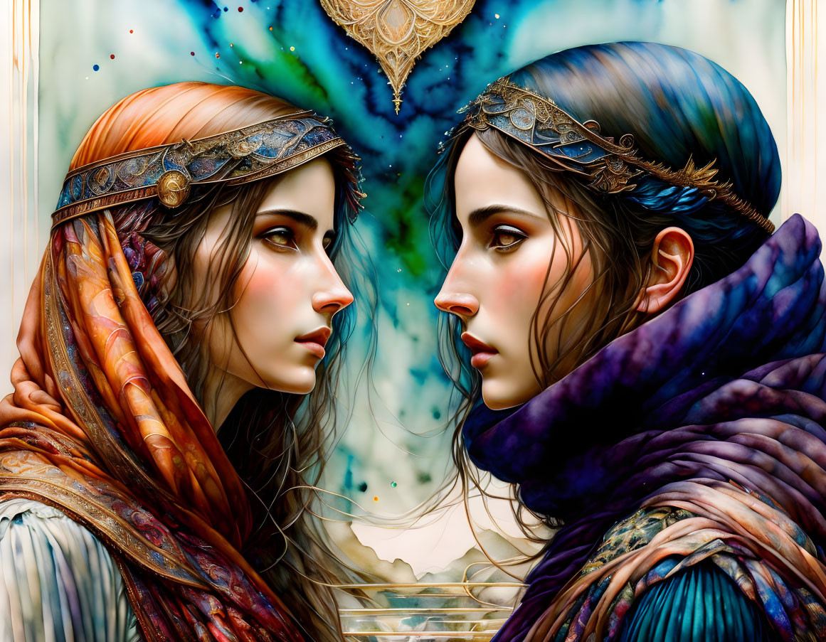 Two women wearing ornate headbands in fantasy art scene.