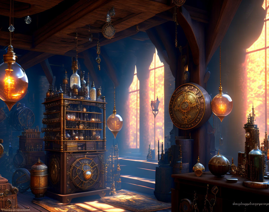 Mystical study with ornate wooden beams and glowing orbs