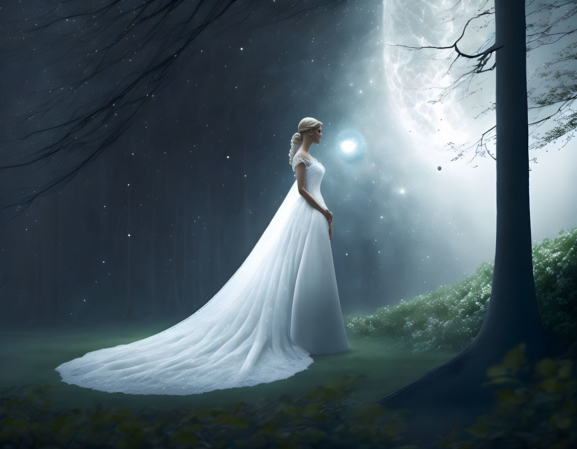 Woman in white dress in misty forest at night with bright orb and large moon