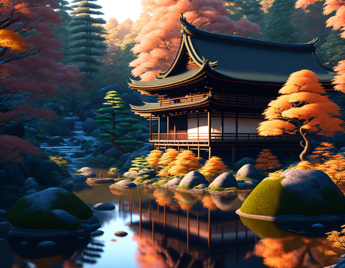 Traditional Japanese pagoda in autumn setting by tranquil pond