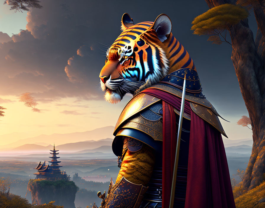 Anthropomorphic tiger warrior in ornate armor and cape in ancient Asian landscape