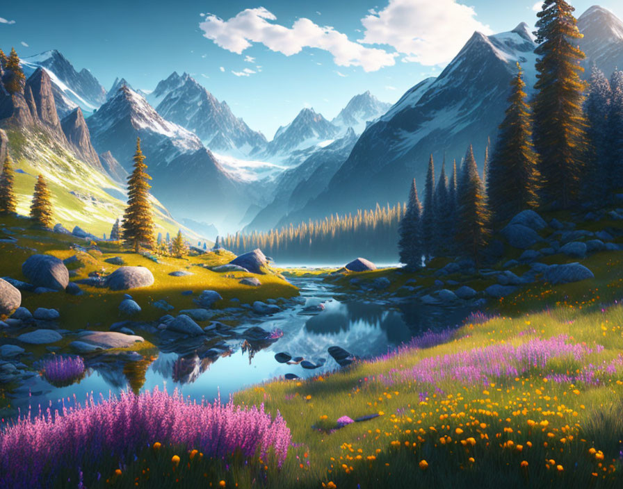 Scenic landscape with river, wildflowers, pine trees, and snow-capped mountains