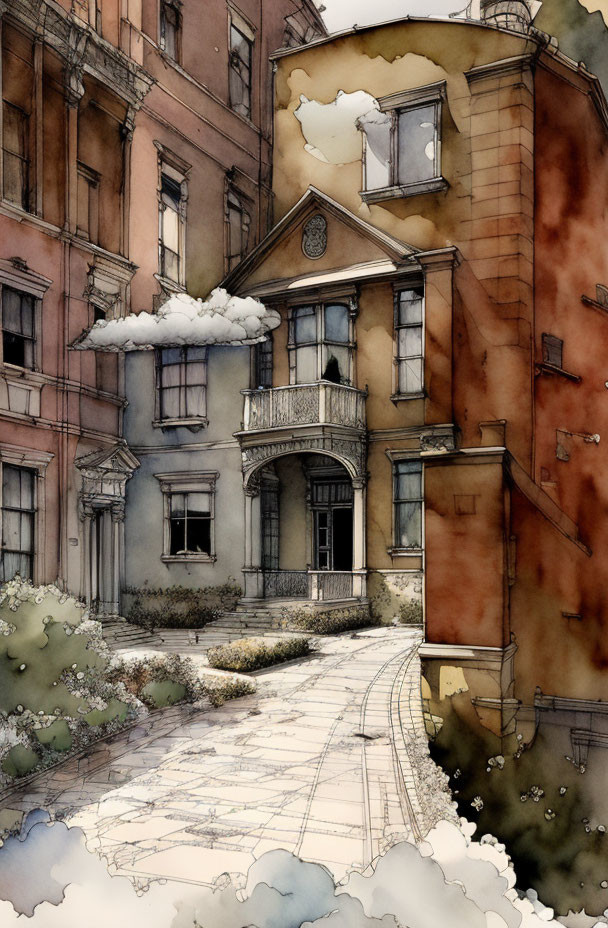 Quaint vintage-style building with balcony in watercolor art