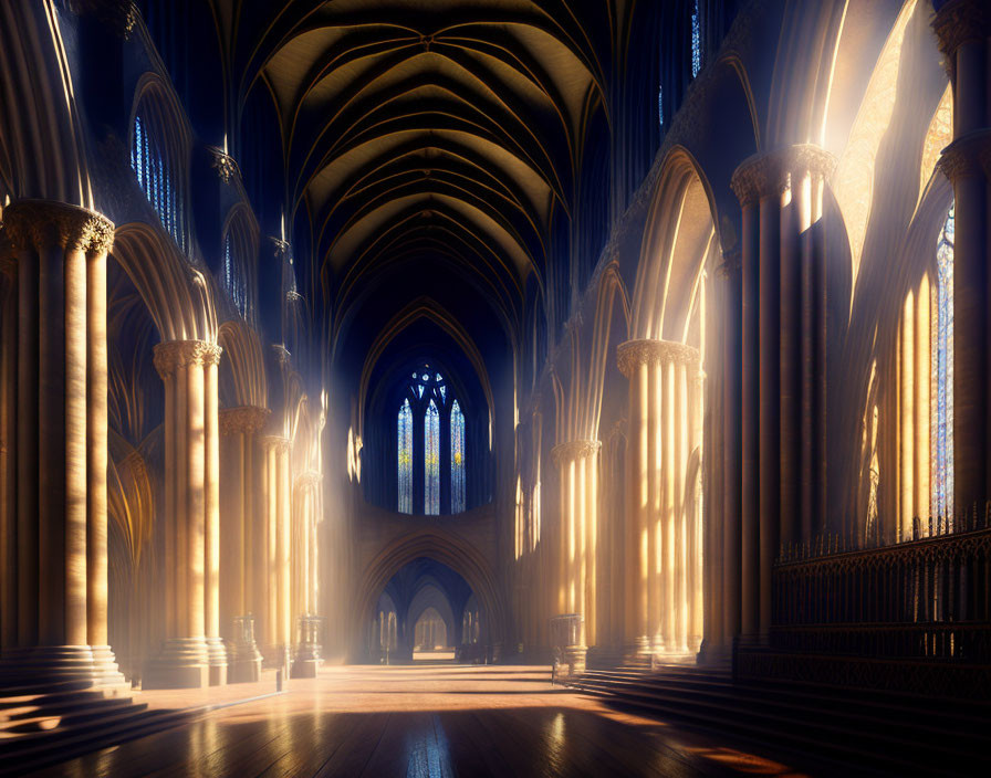 Gothic cathedral with stained glass windows and arched ceilings