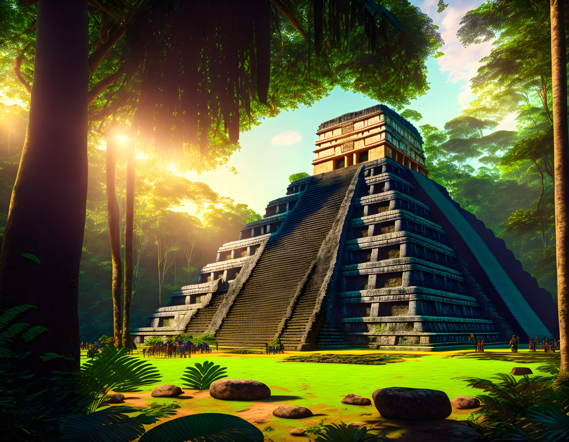 Ancient Mesoamerican pyramid in lush jungle with sun rays filtering through foliage