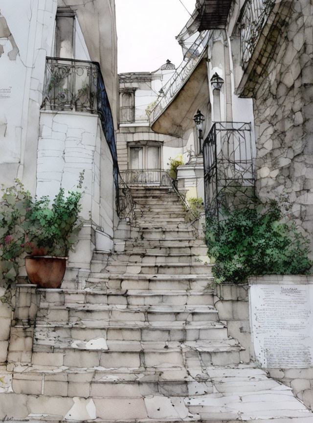 Watercolor painting of old stone staircase and rustic building.