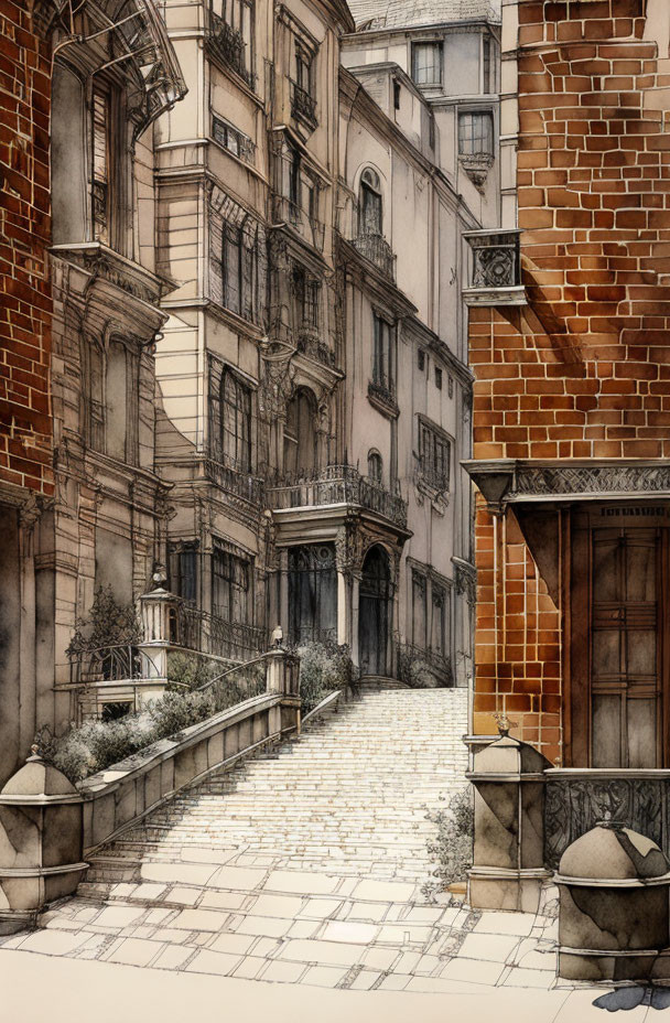 Sepia-toned sketch of narrow cobblestone alley with European buildings