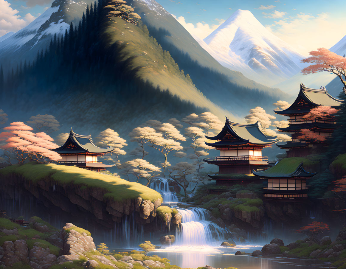 Traditional Pagoda Buildings Overlooking Waterfalls and Cherry Blossoms at Twilight