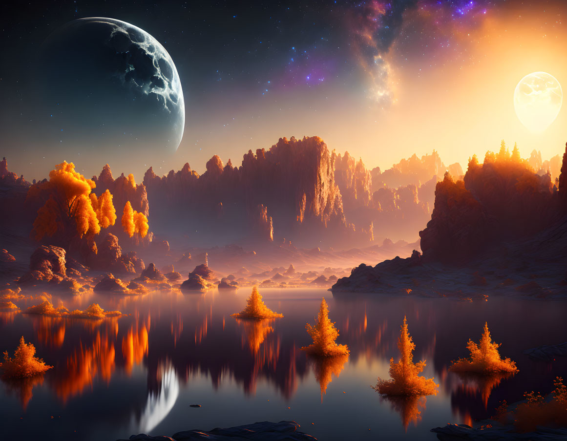 Fantasy landscape with orange foliage trees, serene lake, starry sky, two large moons, and