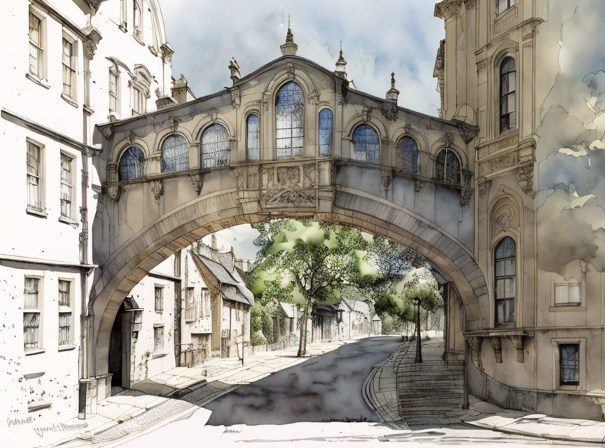 Vintage stone bridge sketch connecting classical buildings over street with trees