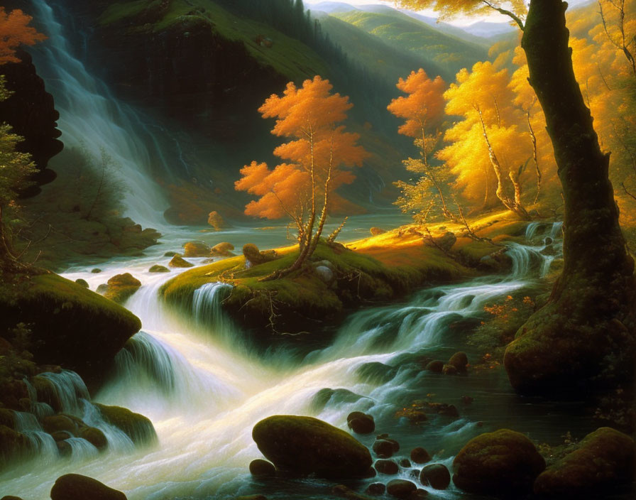 Golden Autumn Trees by Cascading Waterfalls in Serene Forest