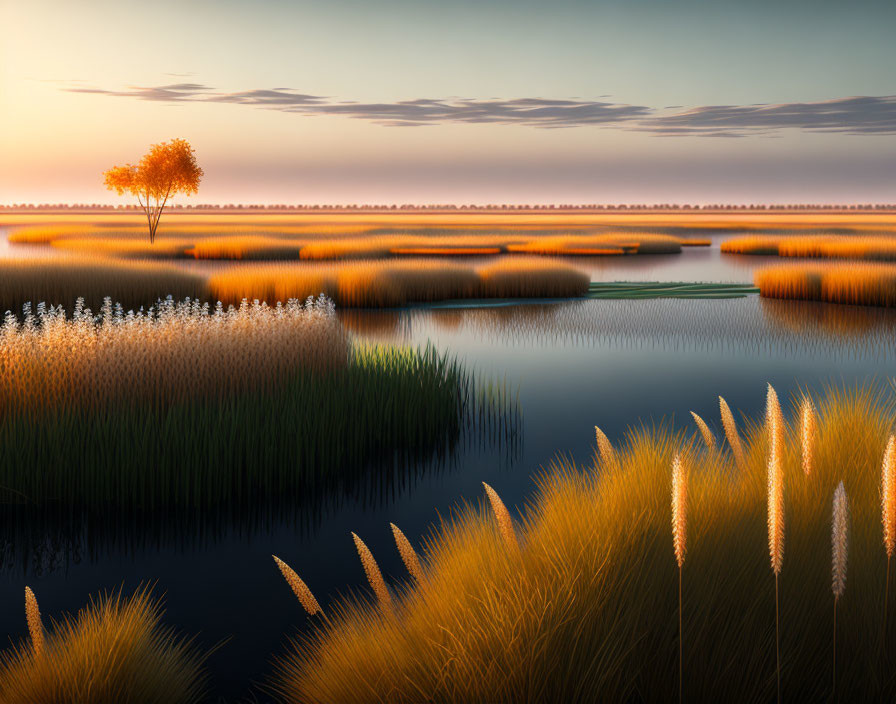 Tranquil dusk landscape with solitary tree, golden reeds, calm water, gradient sky.