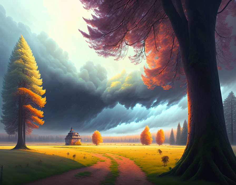 Vibrant sky over diverse trees and a quaint house on a surreal landscape