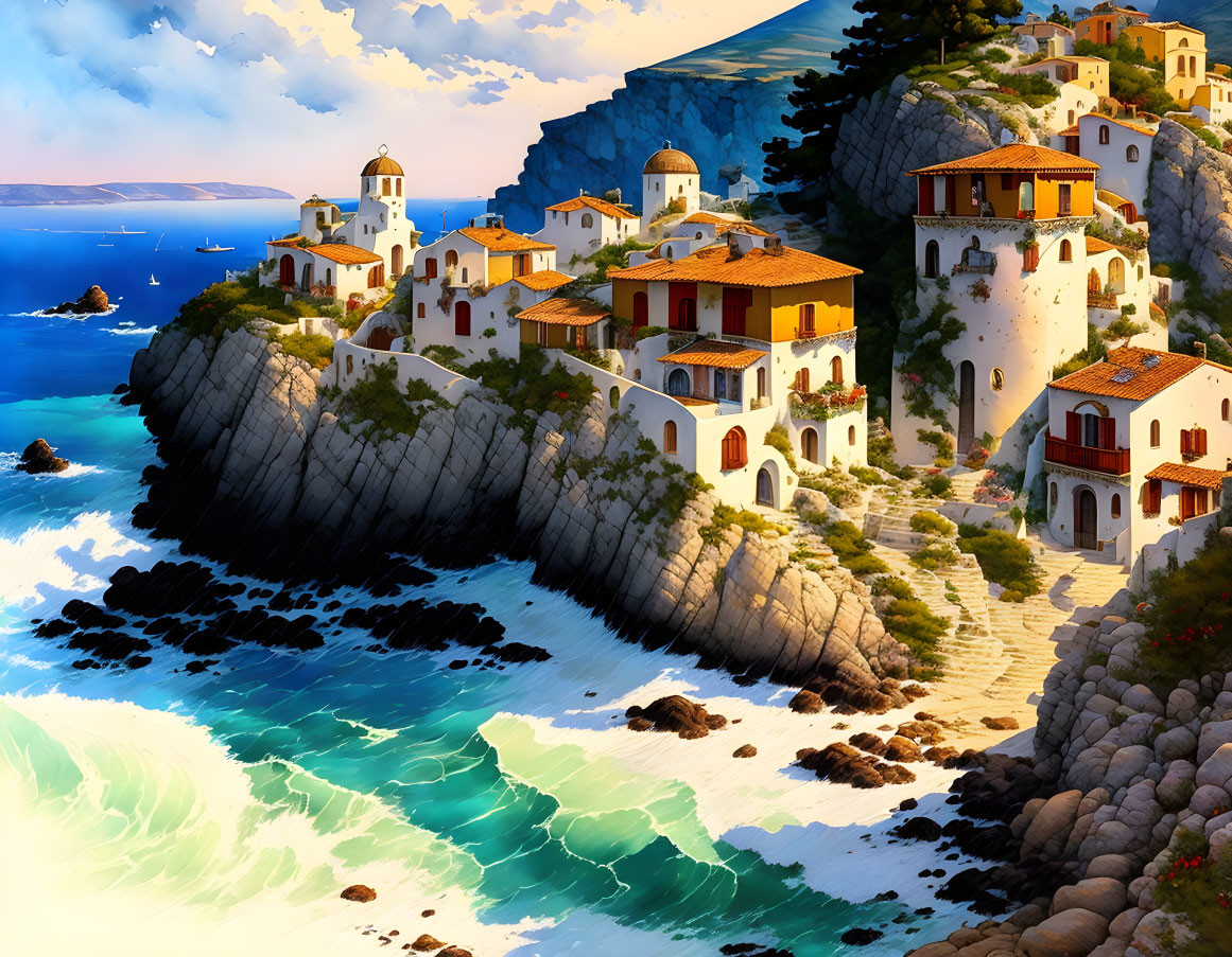 Traditional white houses, blue domes, and steep cliffs in a coastal scene