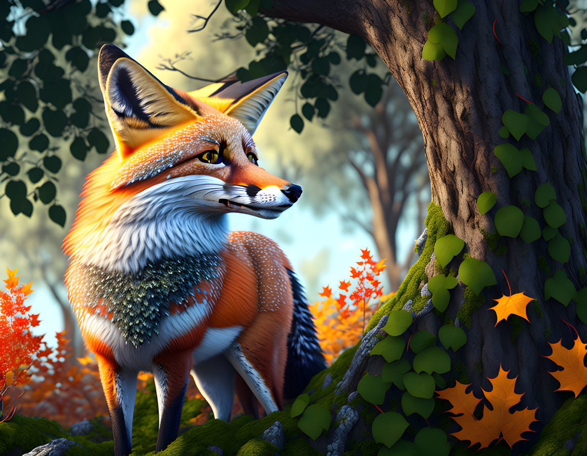 Colorful Fox Illustration in Autumn Forest with Light and Ivy