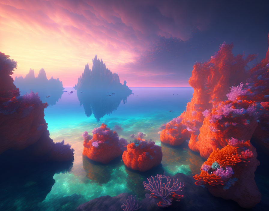 Tranquil sunset seascape with orange coral, purple sky, and rocky islands.